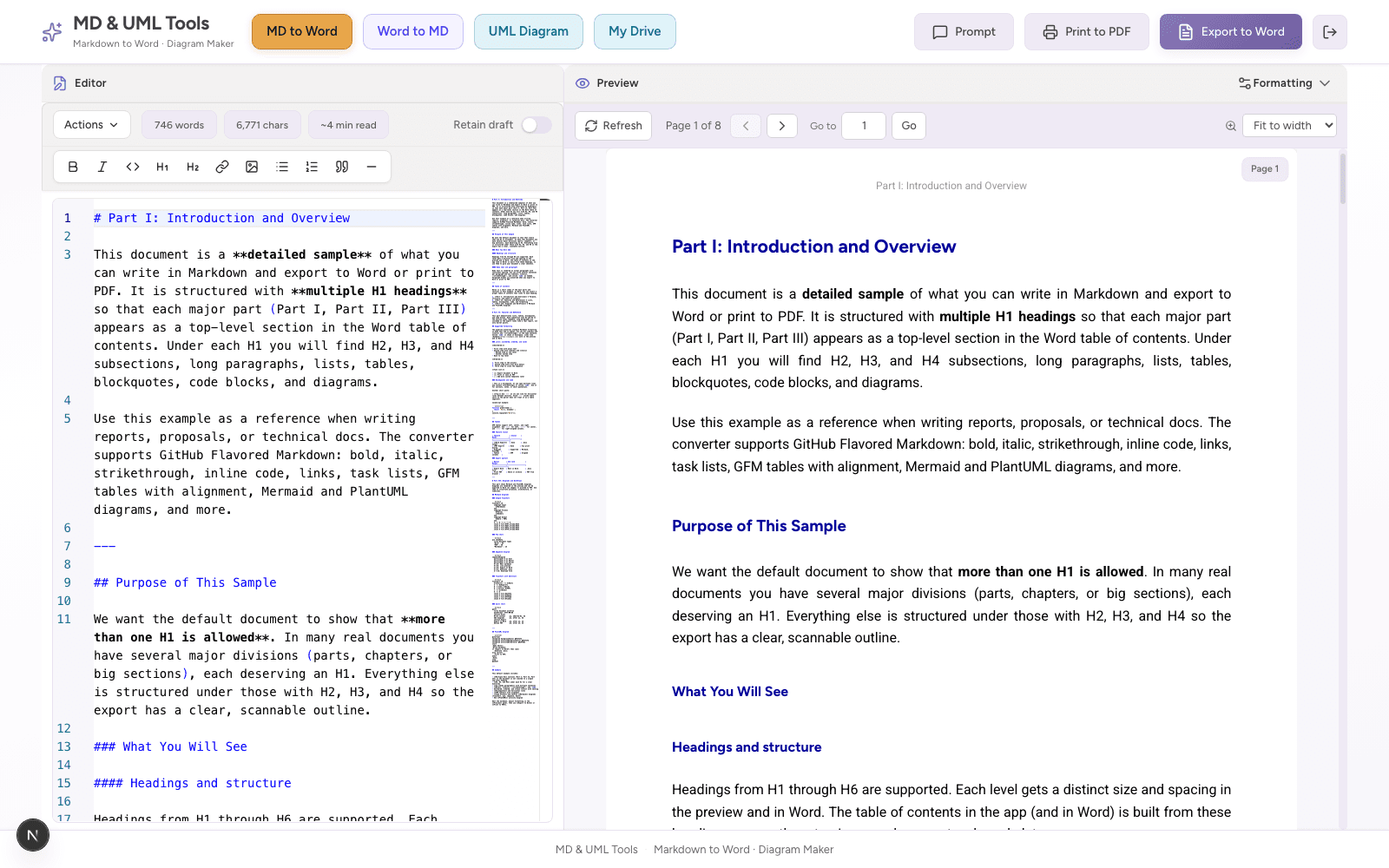 Markdown editor with live Word preview